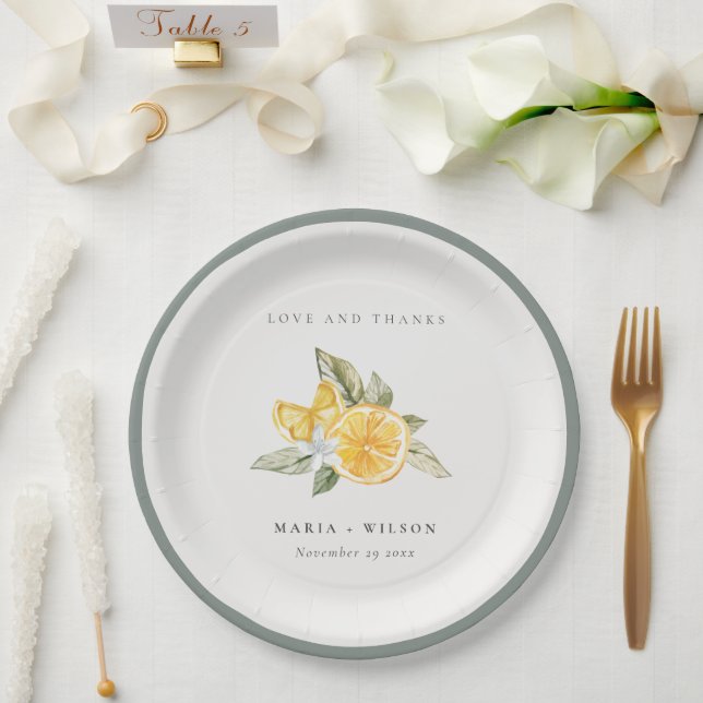 Minimal Lemon Botanical Boho Liebe Dank Hochzeit Pappteller (Hochzeit)