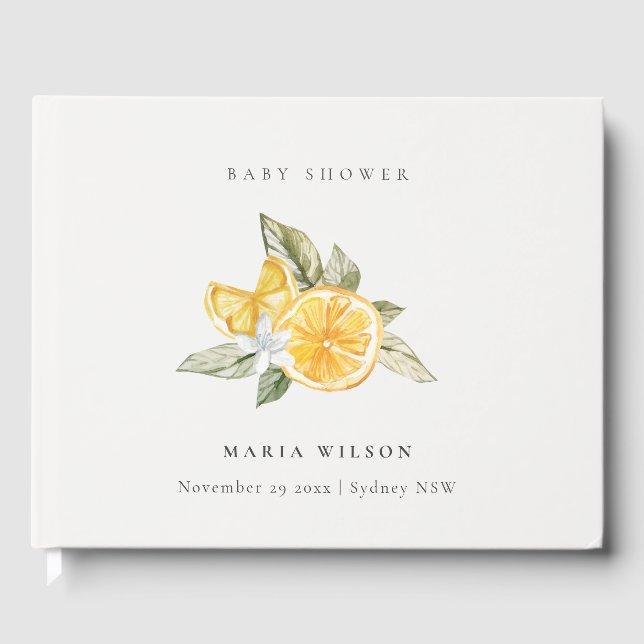 Minimal Lemon Botanische Leafy Boho Babydusche Gästebuch (Vorderseite)