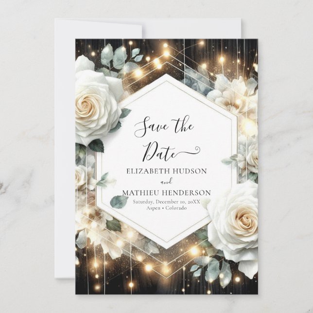 Minimal Lights White Roses Wedding Save The Date (Vorderseite)