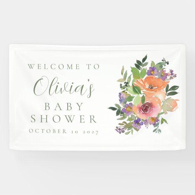 Minimal Lila Orange Bloral Baby Dusche Willkommen Banner (Horizontal)