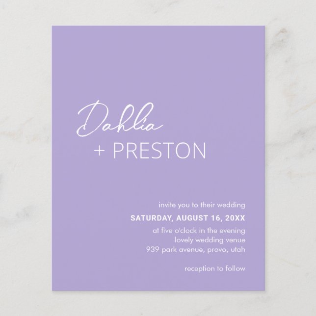 Minimal Lilac Modernes Budget Hochzeit Einladung Flyer (Vorne)