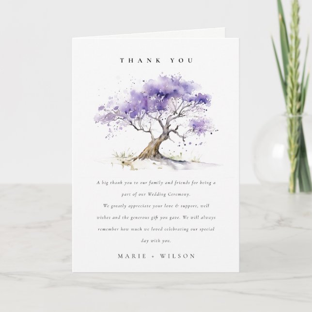 Minimal Lilac Watercolor Jacaranda Tree Wedding Dankeskarte (Vorderseite)
