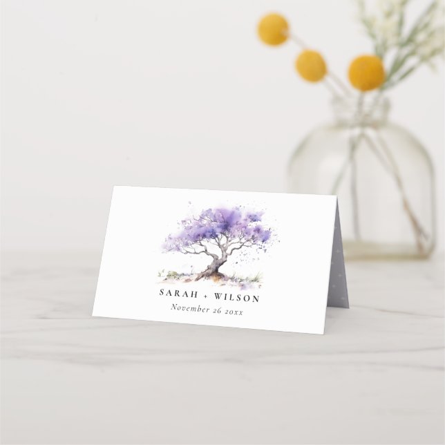 Minimal Lilac Watercolor Jacaranda Tree Wedding Platzkarte (Vorderseite)