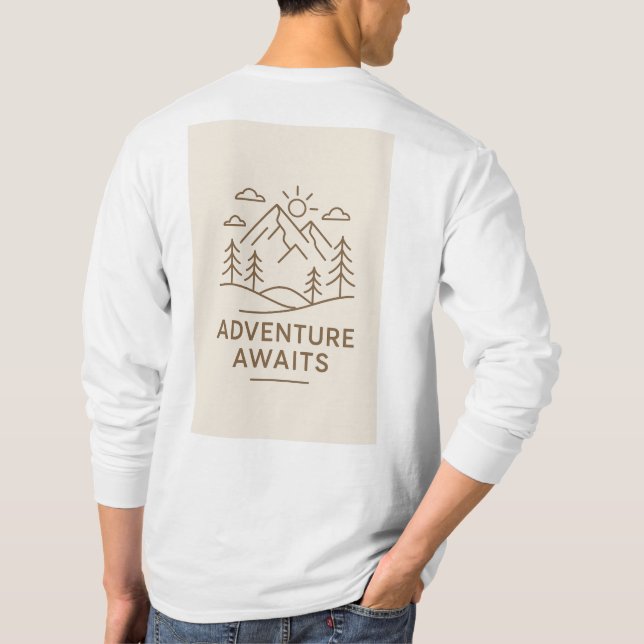Minimal Line-Art “Adventure Awaits” T-shirt design (Dos)