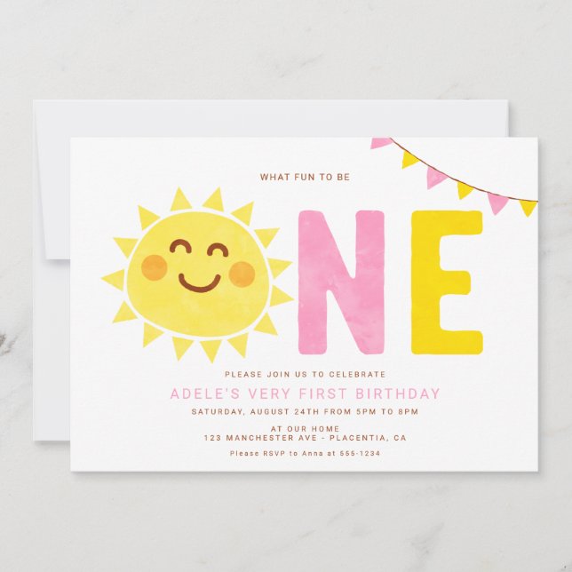 Minimal Little Sunshine First Birthday Girl Einladung (Vorderseite)