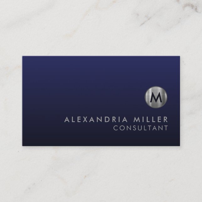 Minimal Luxury Navy Blue Silver Monogram Visitenkarte (Vorderseite)