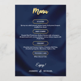 Minimal Luxury Navy Blue und Gold Script Wedding Menükarte