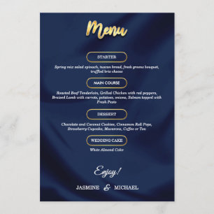 Minimal Luxury Navy Blue und Gold Script Wedding Menükarte
