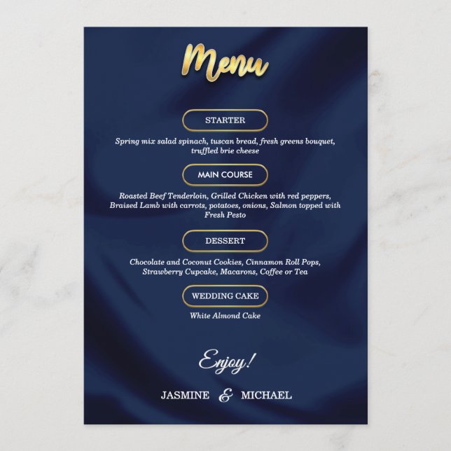 Minimal Luxury Navy Blue und Gold Script Wedding Menükarte (Vorderseite)