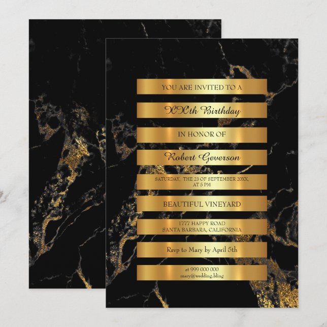 Minimal Luxus Gold Streifen Black Marble Vip Einladung (Vorne/Hinten)