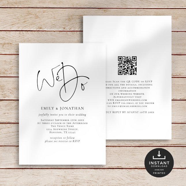 Minimal machen wir elegante Script Line QR Code Ho Einladung (Front and back view)