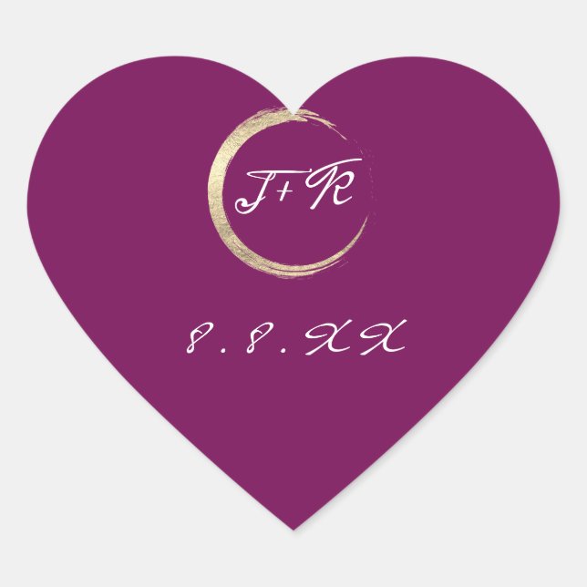 Minimal Marsala White Monogram Gold Save the Date Herz-Aufkleber (Vorderseite)