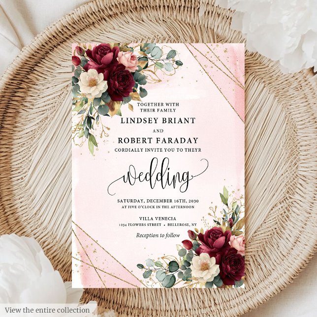 Minimal Merlot Gold Blush Blume Moderne Hochzeit Einladung (Minimal Merlot Gold Blush Flowers Modern Wedding Invitation)