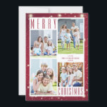 Minimal MERRY CHRISTMAS 4 Foto Collage Lights Feiertagskarte<br><div class="desc">Einfache, moderne Foto Collage Grußkarte mit 4 Bildern mit MERRY CHRISTMAS Gruß vor einem Cranberry roten Hintergrund mit Lichtern. Fügen Sie vier Fotos und Ihren eigenen Text auf der Vorder- und/oder Rückseite ein Jahr in der Zusammenfassung oder Weihnachtsbrief (optional) ein. FOTO TIPP: Wählen Sie Fotos mit dem Thema in der...</div>