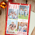 Minimal MERRY CHRISTMAS Foto Collage Red Lights Feiertagskarte<br><div class="desc">Einfaches, modernes Design mit einem schicken Text MERRY CHRISTMAS vor einem roten Hintergrund mit Lichtern. Fügen Sie vier Fotos und Ihren benutzerdefinierten Text auf der Vorder- und/oder Rückseite ein (optional). FOTO TIPP: Wählen Sie Fotos mit dem Thema in der Mitte oder schneiden Sie sie in ähnlichen Formen wie für leicht...</div>
