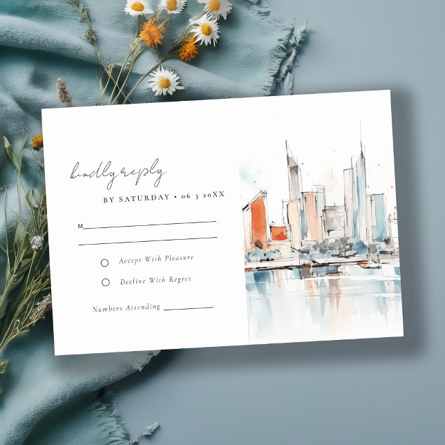 Minimal Miami Florida Skyline Watercolor Wedding RSVP Karte (Von Creator hochgeladen)