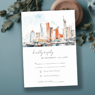 Minimal Miami Florida Skyline Watercolor Wedding RSVP Karte