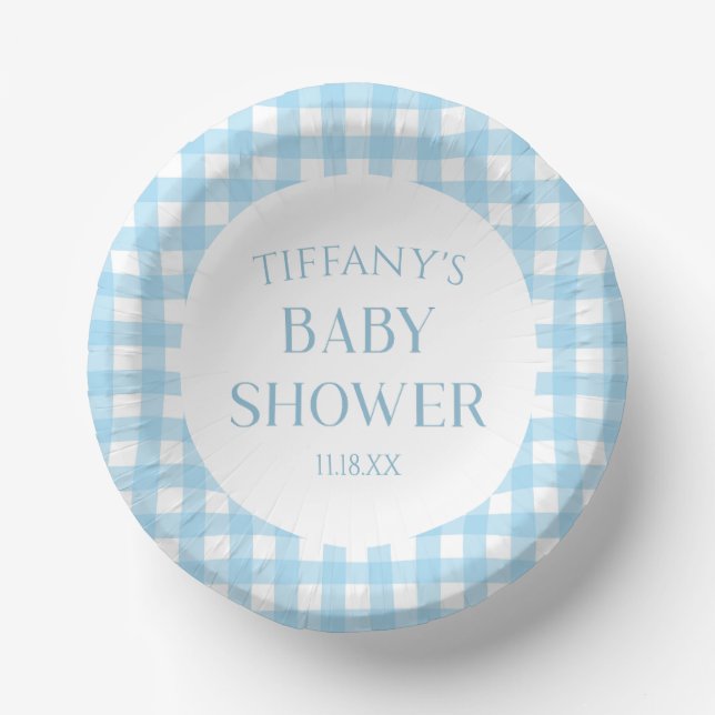Minimal Minimalistisch Blue Kariert Baby Dusche Pappteller (Vorderseite)