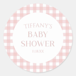 Minimal Minimalistisch rosa Karierte Babydusche Runder Aufkleber