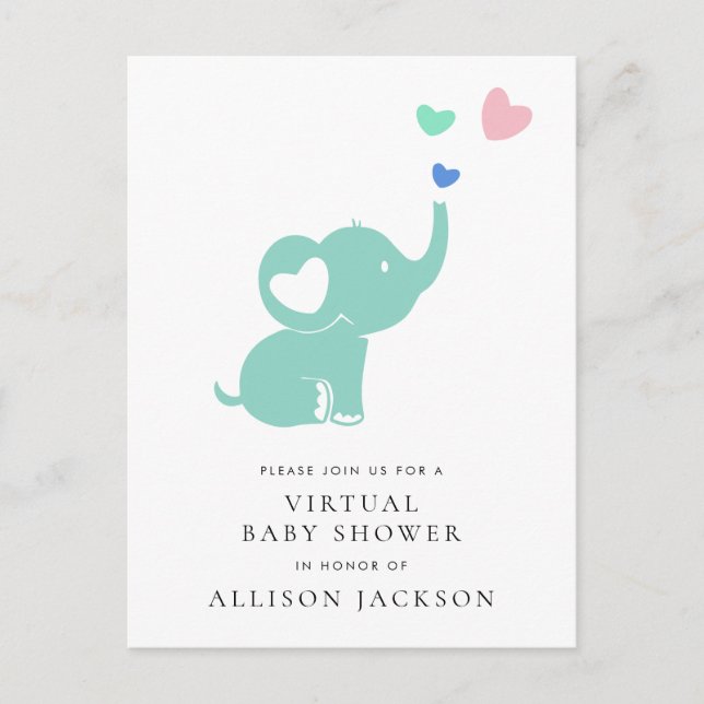 Minimal Minze Green Elephant Virtual Baby Dusche Einladungspostkarte (Vorderseite)