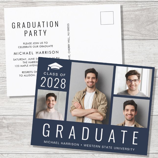 Minimal Modern 4 Foto Blue Graduation Party Einladungspostkarte (Von Creator hochgeladen)