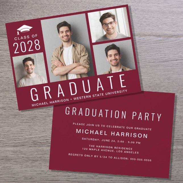 Minimal Modern 4 Foto Burgundy Graduation Party Einladung (Von Creator hochgeladen)