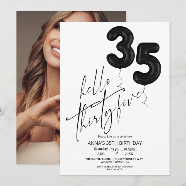 Minimal Modern Black White 35th Birthday Einladung (Vorne/Hinten)