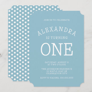 Minimal Modern Blue Polka Dot Erster Geburtstag Einladung
