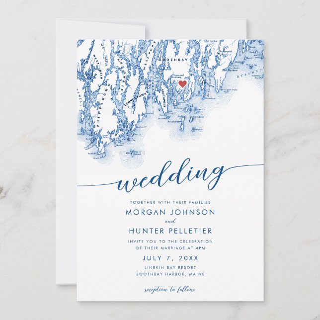 Minimal Modern Boothbay Hafen Maine Karte Hochzeit (Vorderseite)