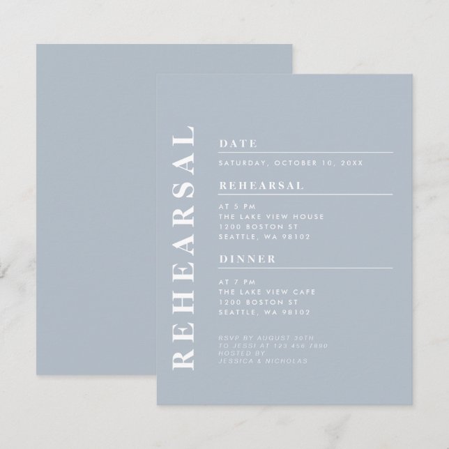 Minimal Modern Dusty Blue Probe Dinner Elegante Einladung (Vorne/Hinten)