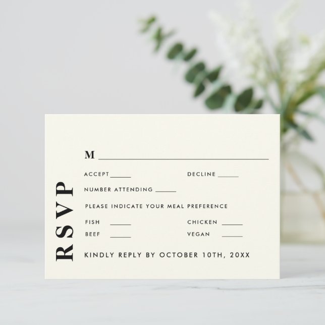 Minimal Modern Elfenbeinhochzeit Elegant RSVP Karte (Stehend Vorderseite)