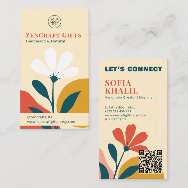 Minimal Modern Floral Terracotta Mustard Green Visitenkarte (Vorne/Hinten)