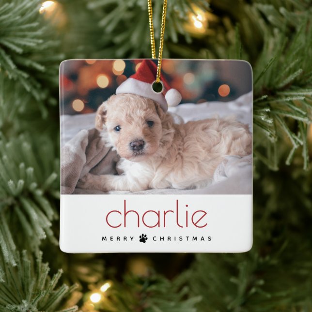 Minimal Modern frohe Weihnachts-Hunde-Foto Keramikornament (Baum)