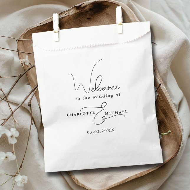 Minimal modern geschenktütchen (Minimal modern wedding favor bag with your name and date.)