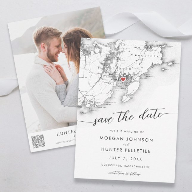 Minimal Modern Gloucester Massachusetts Karte (Gloucester MA minimal modern wedding save the date in black and white from Coastal Map Designs )