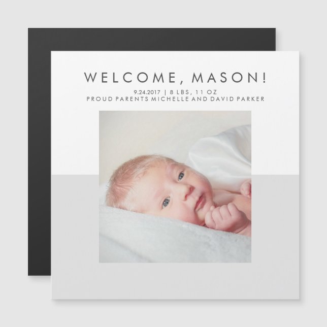 Minimal Modern Gray Birth Ankündigung| Foto Magneteinladung (Vorne/Hinten)