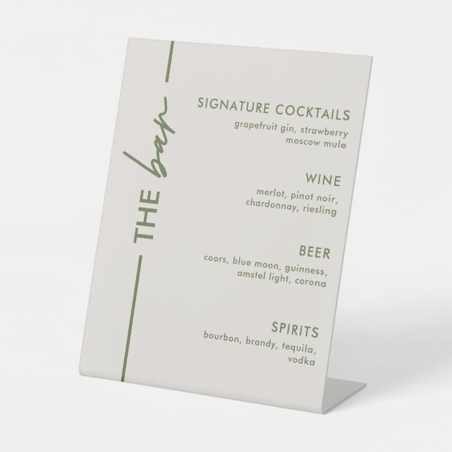 Minimal Modern Gray Olive Green Wedding Bar Sockelschild (Vorderseite)