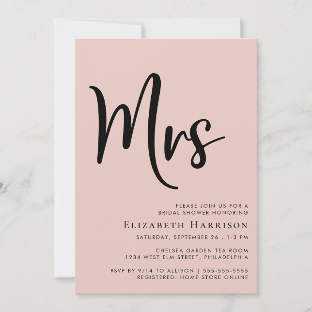 Minimal Modern Mrs Blush Pink Brautparty Einladung (Vorderseite)