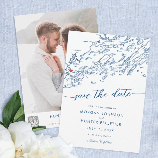 Minimal Modern Portland Maine Karte (Portland Maine Wedding Save the dates minimal modern navy blyue from Coastal Map Designs)