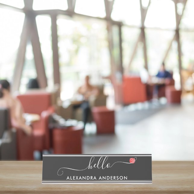 Minimal Modern Script Hallo Herz Schreibtischnamensplakette (Minimal Modern Script Hello Heart Desk Name Plate)