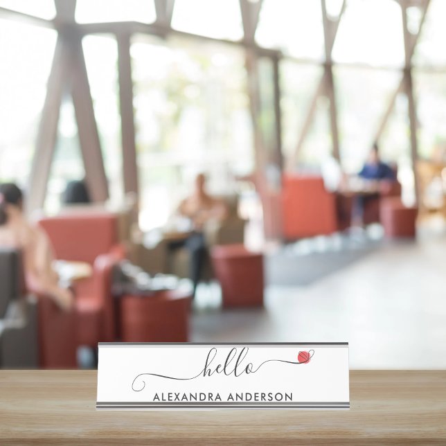 Minimal Modern Script Hallo Herz Schreibtischnamensplakette (Minimal Modern Script Hello Heart Desk Name Plate)