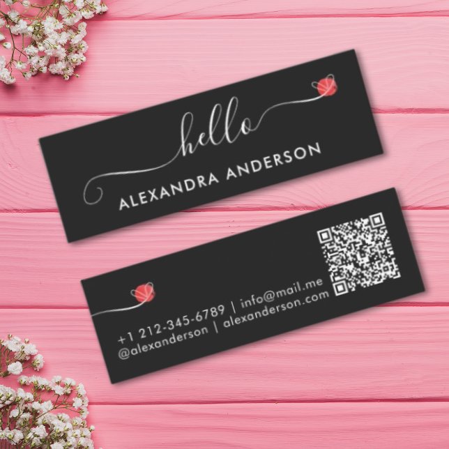 Minimal Modern Script Hello Heart QR Code Mini Visitenkarte (Minimal Modern Script Hello Heart QR Code Mini Business Card)
