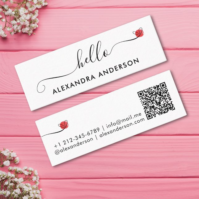 Minimal Modern Script Hello Heart QR Code Mini Visitenkarte (Minimal Modern Script Hello Heart QR Code Mini Business Card)