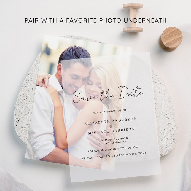 Minimal Modern Script Save the Date Overlay (Elevate your wedding save the date announcements with the timeless beauty of vellum overlays)