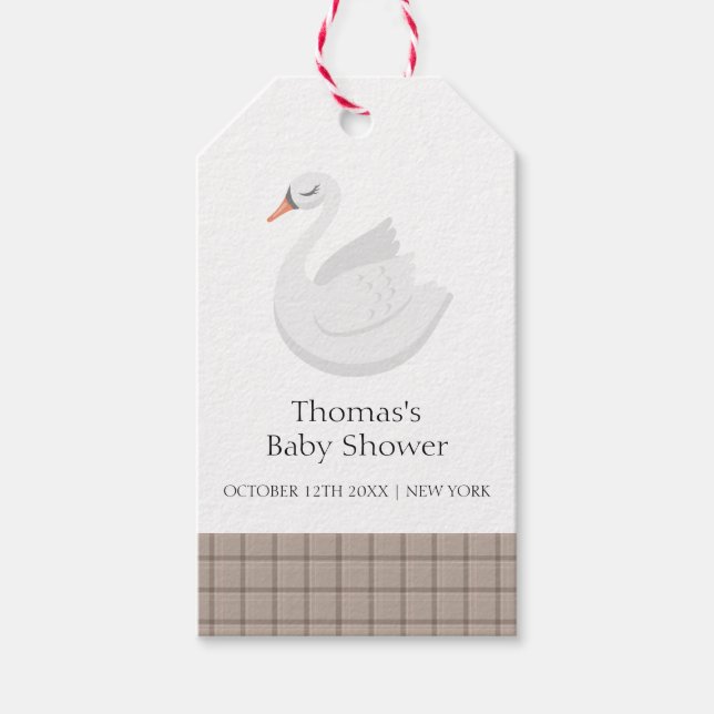 Minimal Modern Swan Kariert Gingham Boy Baby Showe Geschenkanhänger (Vorderseite)
