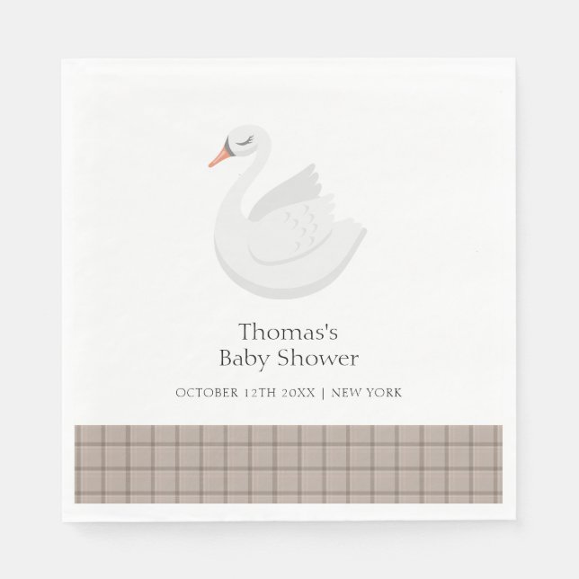 Minimal Modern Swan Kariert Gingham Boy Baby Showe Serviette (Vorderseite)