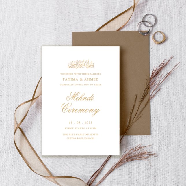 Minimal Modern White Gold Moslem Mehndi Zeremonie Einladung (Von Creator hochgeladen)