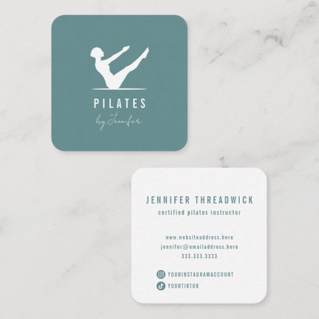 Minimal moderne Aquamarin-grüne Logo-Pilates Quadratische Visitenkarte (Vorne/Hinten)