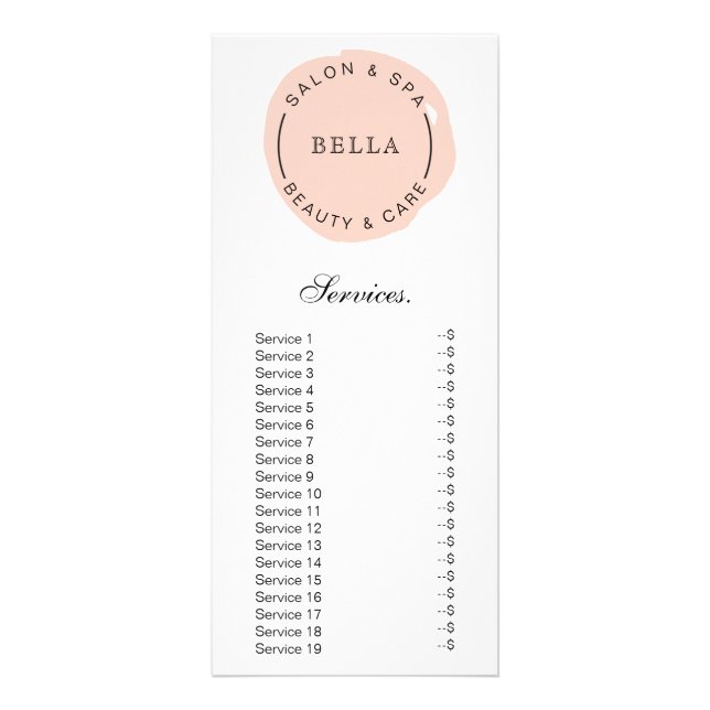 Minimal Moderne Blush Salon Services Rack-Karte Werbekarte (Vorne)