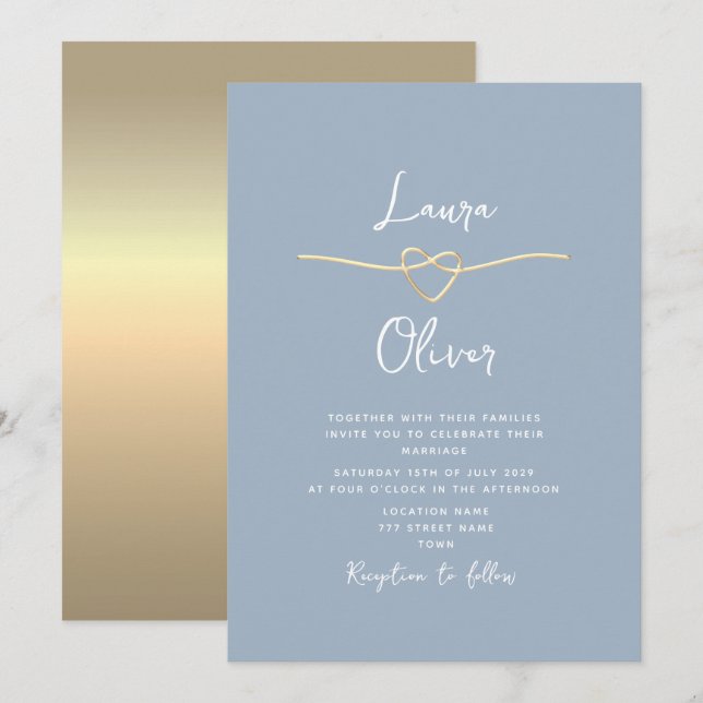 Minimal moderne Dusty Blue Gold Hochzeit Einladung (Vorne/Hinten)